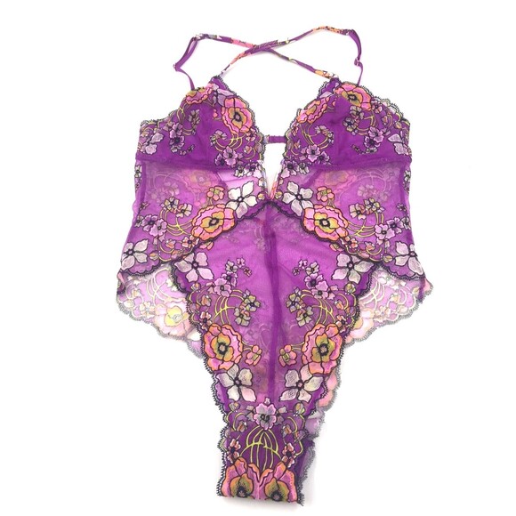 Savage X Fenty Juicy Purple Flower Poppy Print Mod Poppy Lace Teddy Lingerie - Picture 2 of 4